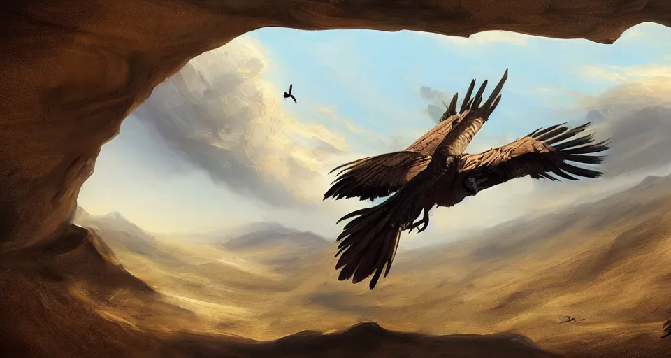 Image similar to artwork of a vulture flying over a desert, artstation