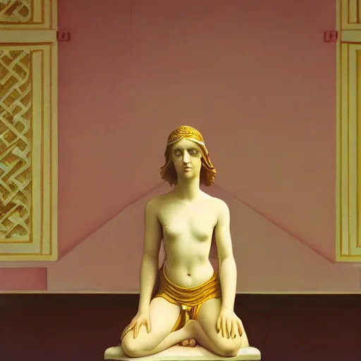 Prompt: close - up of a girl in a temple, film still by wes anderson, depicted by canova, limited color palette, very intricate, art nouveau, highly detailed, lights by hopper, soft pastel colors, minimalist