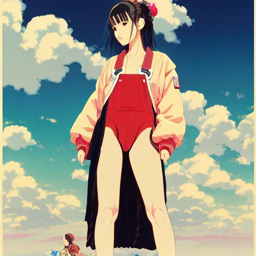 Image similar to a beautiful japanese natalie portman gravure model, wearing oversized native designer bomber jacket and leotard with overalls, bulky poofy bomber jacket with mesoamerican patterns, mesoamerican native street fashion, gapmoe yandere grimdark, trending on pixiv fanbox, painted by greg rutkowski makoto shinkai takashi takeuchi studio ghibli, akihiko yoshida