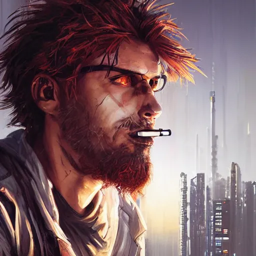 Image similar to cyberpunk, closeup portrait of a shaggy cyberpunk hacker, cigarette in mouth, dramatic light, city background, sunset, dystopian setting, high contrast, sharp, neuromancer, painted by stanley lau, painted by greg rutkowski, painted by stanley artgerm, digital art, trending on artstation