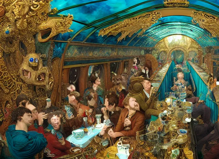 Image similar to incredibly beautiful breaktakingly detailed painting of the inside of the ornate underwater train to atlantis, various amazingly wonderful bizarre cool weird characters sat down, extreme closeup, by ford maddox brown and kilian eng and william powell frith and frederic leighton, ultra wide angle, 4 k