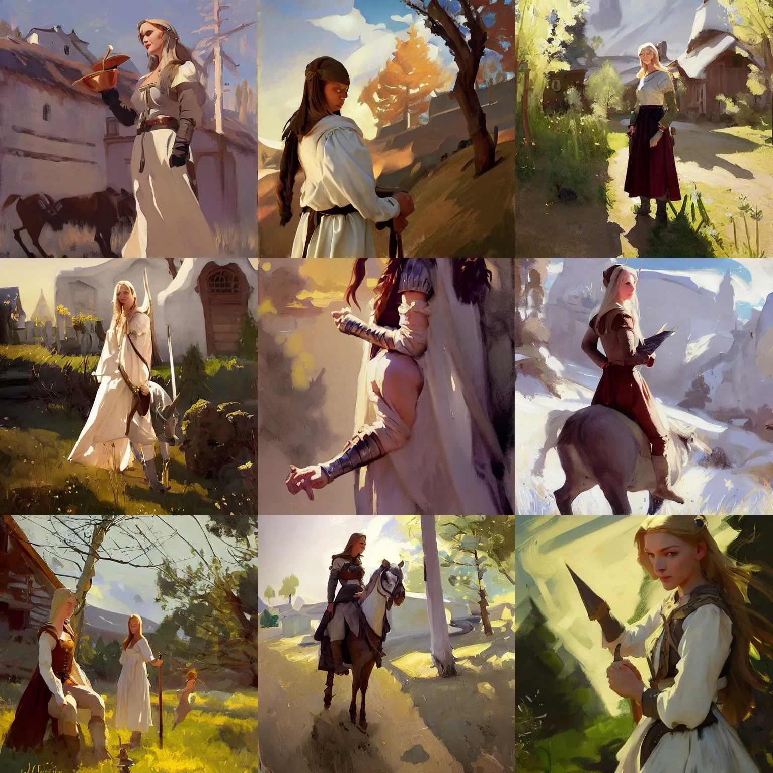 Prompt: portrait of medieval village finnish norway scandinavian maiden in the field jodhpurs greg manchess painting by sargent and leyendecker, studio ghibli, fantasy, medium shot, asymmetrical, intricate, elegant, matte painting, illustration, hearthstone, by greg rutkowski, by greg tocchini, by james gilleard, by joe fenton