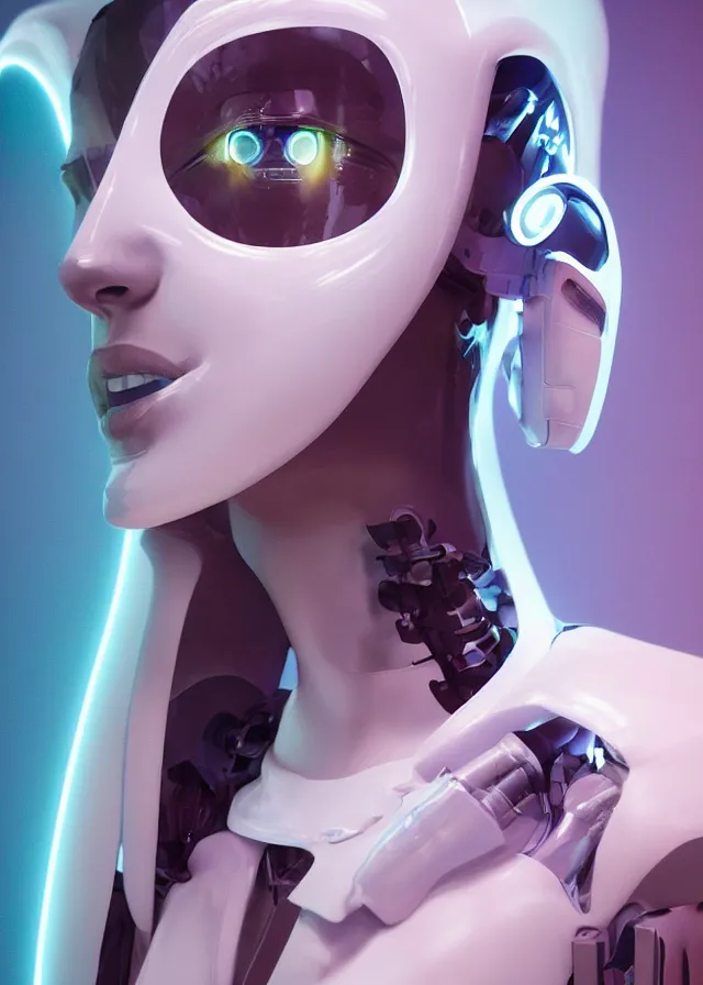 Prompt: white one cast futuristic biomechanics futuristic humanoid, pretty face, beautiful female, futuristic, neon lights, cyberpunk, 8 k, digital painting, by beeple and makoto shinkai, trending on cg society, glamour pose, fashion photography, high fashion, canon r 3, photorealistic, hyper realistic, full body, wide angle shot, photoshoot