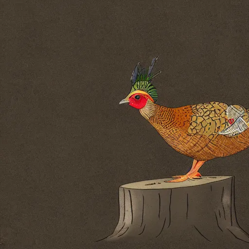 Prompt: pheasant sits on a stump with sword, in deep forest, by rivuletpaper, rivuletpaper art, Mouse Guard by David Petersen, mouse photo, small details, realistic illustration,