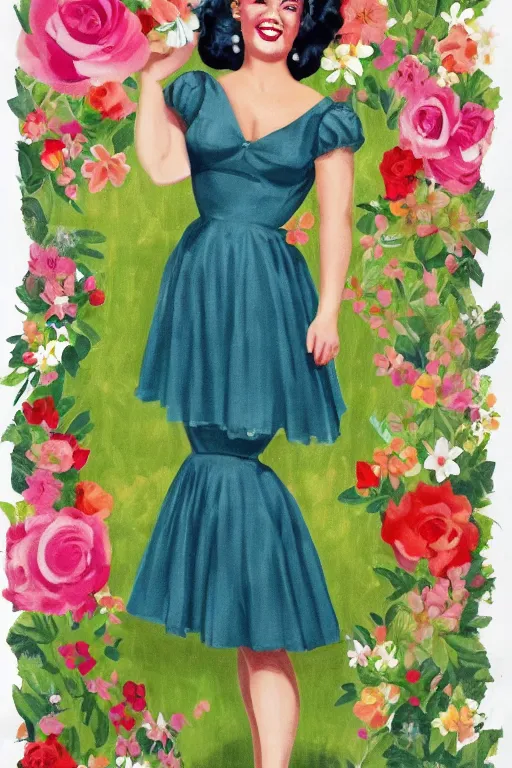 Prompt: a full view portrait of a beautifull woman, wearing a dress,with a beautifull smile,a garden background.in american style pin up.anatomically correct