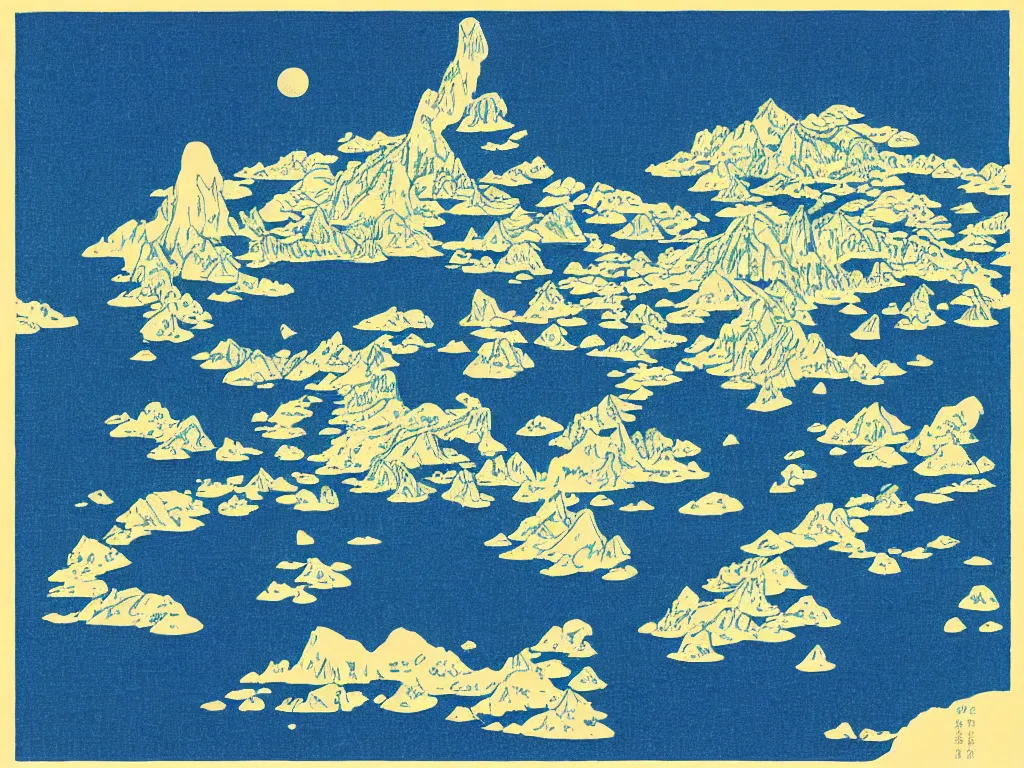 Image similar to The president had a secret island that was not on the map, flat design, screen print by Kawase Hasui, jeffrey smith and Yves Klein