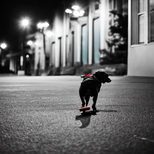 Prompt: A skateboarding dog at night, Voigtlander Nokton 10.5mm f/0.9