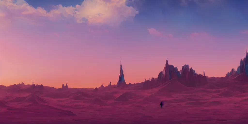 Image similar to artistic rendering of a cinematic shot of a scifi fantasy desertscape, beautiful pink sky, blue geometric tower with spires, processing the soul of an ancient alien