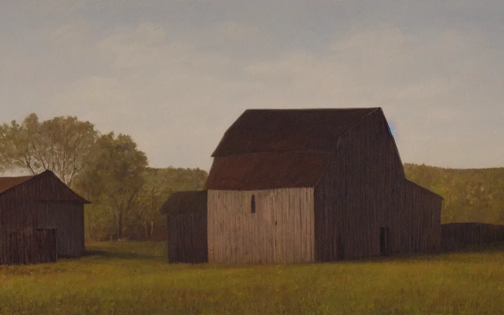 Image similar to a painting of an old haunted empty barn in summer evening, by peteris kalve, oil on canvas