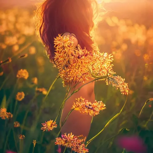 Prompt: hyper realistic cinematic photo human body made of wild flowers, golden hour