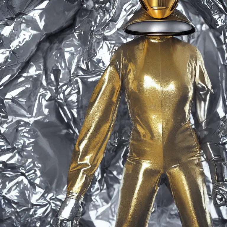 Image similar to octane render portrait by wayne barlow and carlo crivelli and glenn fabry, subject is a woman covered in folded aluminum foil space suit with a colorful metallic space helmet, floating inside a futuristic black and gold space station, cinema 4 d, ray traced lighting, very short depth of field, bokeh