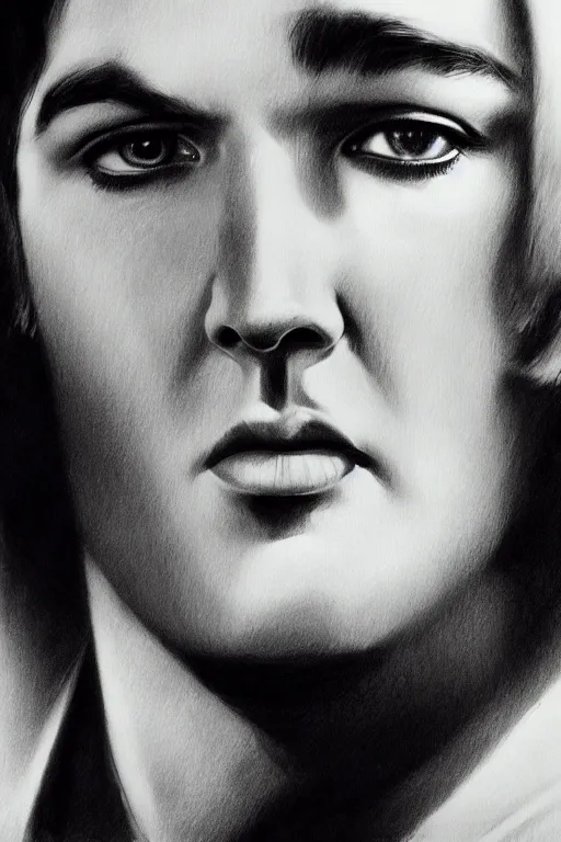 Prompt: elvis presley, gorgeous, ethereal, close - up portrait, intricate, elegant, volumetric lighting, scenery, pencil drawing, highly detailed, artstation, sharp focus, illustration, concept art, ruan jia, steve mccurry