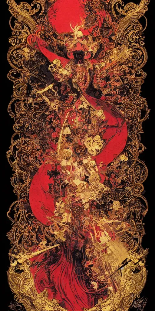 Prompt: the empress + black paper + elements + red + gold + neon + baroque + rococo + white + orange + ink + tarot card, ornate + by marc simonetti, paul pope, peter mohrbacher, detailed, intricate ink illustration + damask