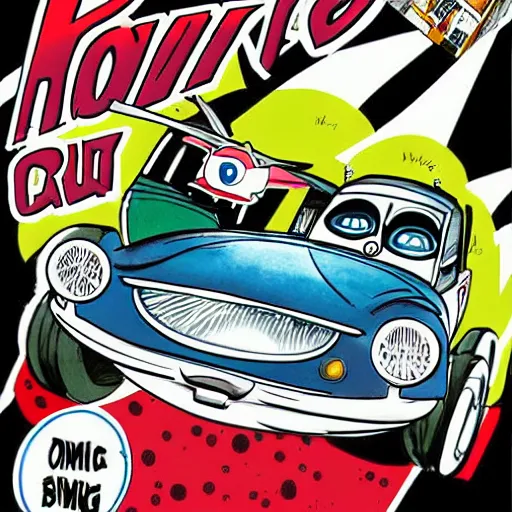 Prompt: funny, comic book style, racoon riding in a tiny hot rod coupe with oversized engine, ratfink style by ed roth, centered award winning watercolor pen illustration, by chihiro iwasaki, edited by range murata