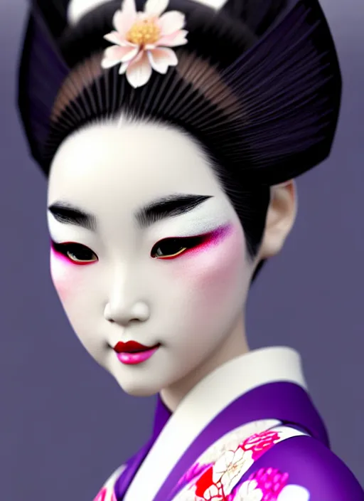 Image similar to Geisha photo portrait, beautiful makeup, pearlescent skin, elegant pose, highly detailed kimono, photorealism, artstation, different point of view, sharp focus, photorealistic, soft diffuse lights, canon 5D 50 mm lens