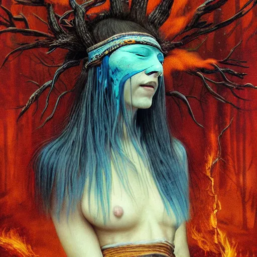 Image similar to A young blindfolded shaman woman with a decorated headband from which blood flows, in the style of heilung, blue hair and wood on her head. The background is a forest on fire, made by Esao Andrews and Karol Bak and Zdzislaw Beksinski,