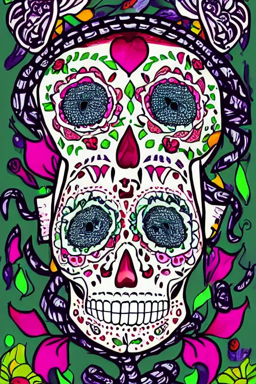 Image similar to illustration of a sugar skull day of the dead girl, art by sam turner