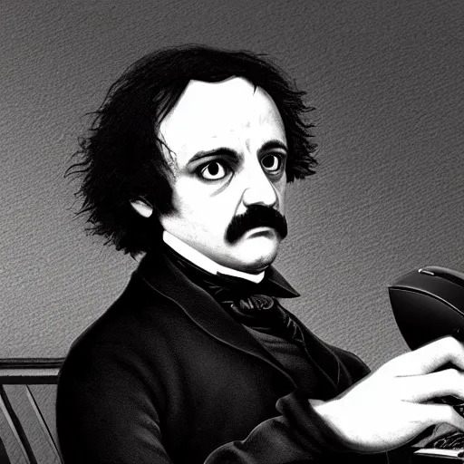 Image similar to portrait of edgar allen poe playing video games, photorealistic, highly detailed