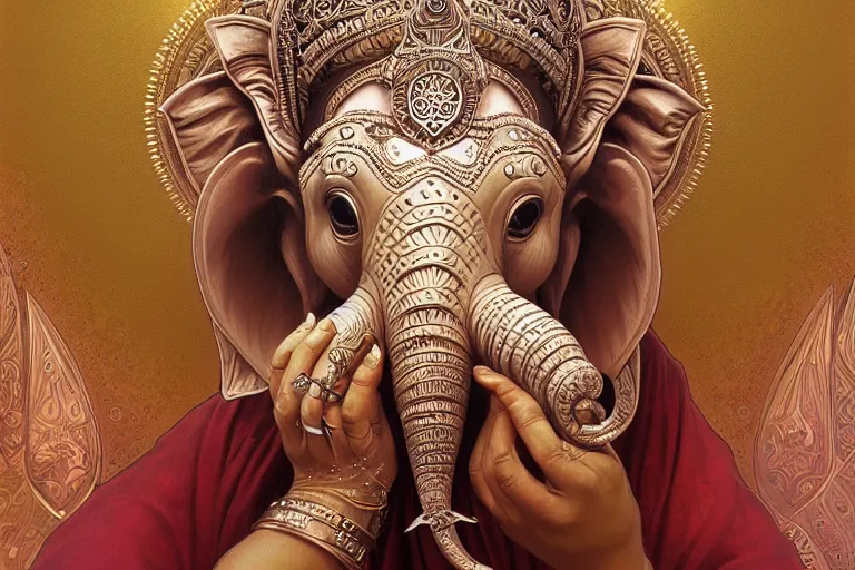 Prompt: rhodium ganesha, mandala, fantasy, intricate, elegant, highly detailed, digital painting, artstation, concept art, matte, sharp focus, illustration, art by artgerm and greg rutkowski and alphonse mucha