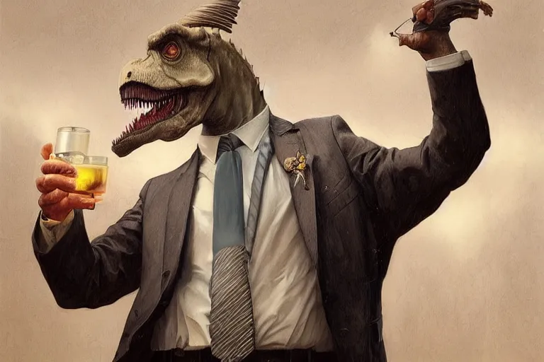 Image similar to portrait painting of a tyranosaurus rex wearing a tie and drinking a martini, ultra realistic, concept art, intricate details, serious, highly detailed, photorealistic, octane render, 8 k, unreal engine. art by artgerm and greg rutkowski and alphonse mucha