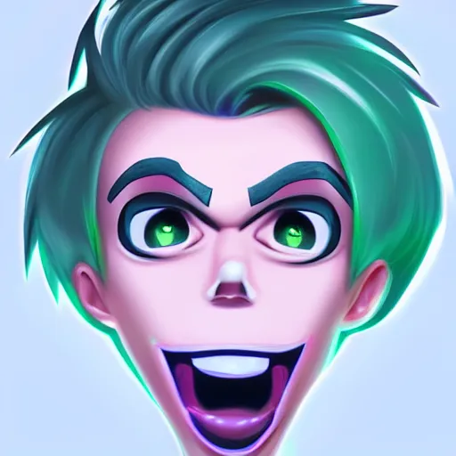 Prompt: cartoon danny phantom white hair glowing green eyes cute fangs pointy teeth closed mouth detailed photorealistic fanart trending on tumblr 8K award winning, Ross Tran,