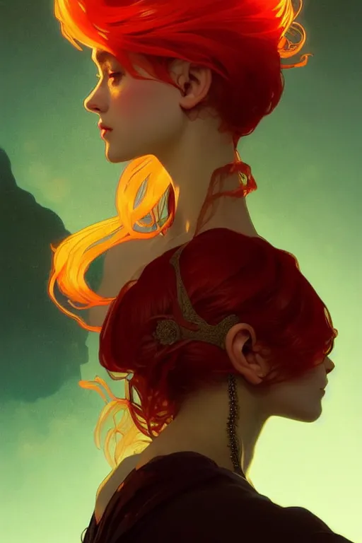 Image similar to a beautiful girl with fire hair, fantasy, portrait, sharp focus, intricate, elegant, digital painting, artstation, matte, highly detailed, concept art, illustration, ambient lighting, art by ilya kuvshinov, artgerm, Alphonse mucha, and Greg Rutkowski