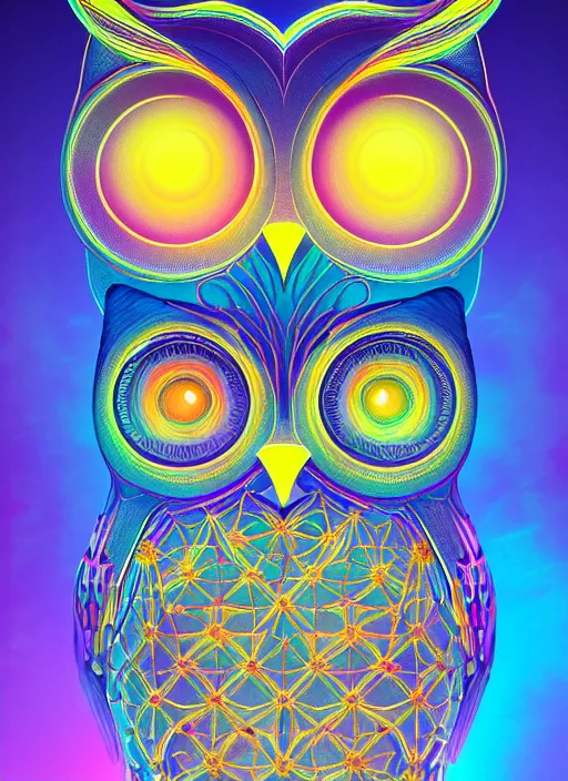 Image similar to symmetry!! product render poster vivid colors divine proportion owl, 神 圣, glowing fog intricate, elegant, highly detailed, digital painting, artstation, concept art, smooth, sharp focus, illustration,