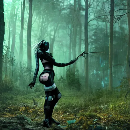 Image similar to A girl in fishnet stockings and power armor stands against the background of a radioactive forest, graphics, fallout 4 render, 3d computer render, maximum details, rain, night, spotlight,