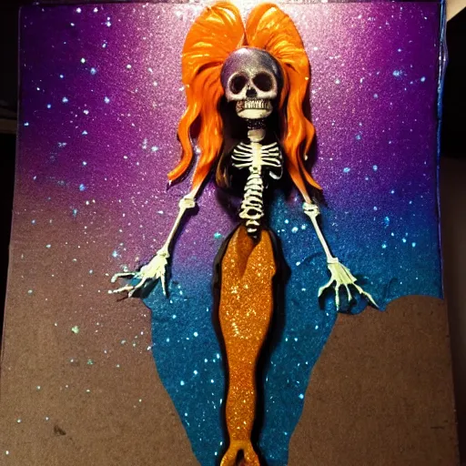 Prompt: stop motion bipedal halloween skeletal eel skeleton fantasy mermaid with a boney fish body, on a spray painted cardboard dock with a hand painted night sky full of led glittery stars, adorable, side profile, macro camera lens