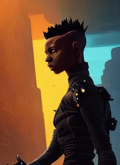 Prompt: full body side profile of slim black man with mohawk, futuristic techwear, highly detailed clothing, angular jawline, masculine, digital painting, artstation, blade runner concept art, smooth, sharp focus, electric orange light, fantasy art by greg rutkowski, loish, rhads, ferdinand knab, makoto shinkai, ilya kuvshinov, rossdraws