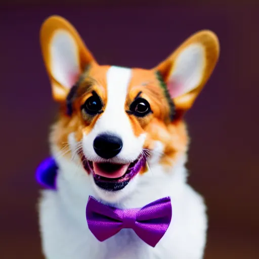 Image similar to a corgi wearing a purple party hat and a red bowtie, cinematic, ultra - hd