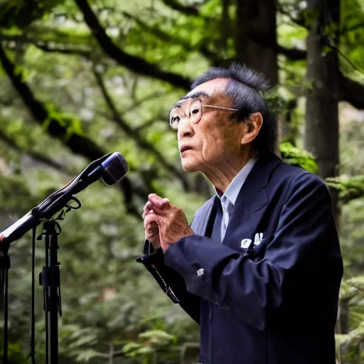 Prompt: DSLR photo portrait still of an elderly Kintarō Hattori, founder of Seiko, giving a speech at the Bohemian Grove, 85mm, f1.8