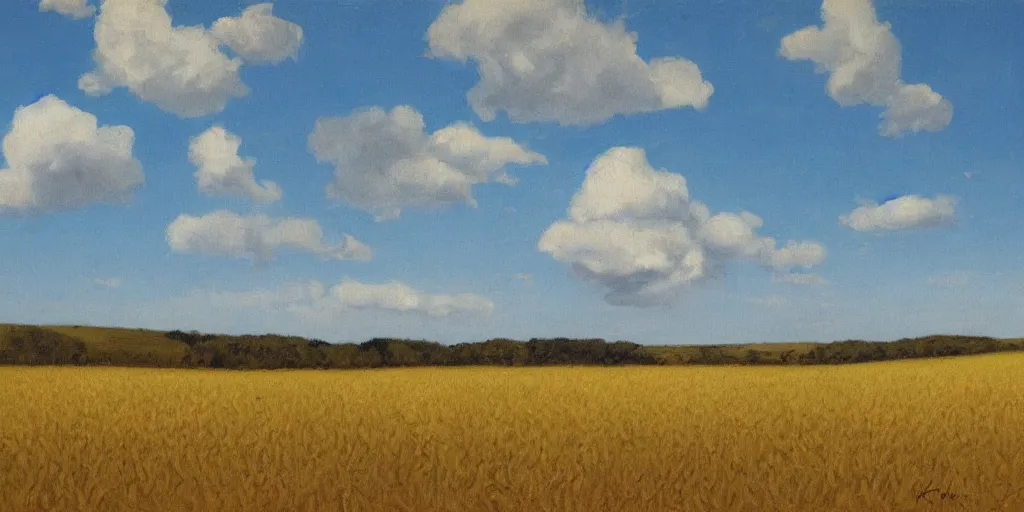 Prompt: corn fields blue sky clouds olof krans oil on board