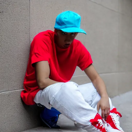 Prompt: a young, light - skinned man with spiky cyan hair. he wears a white t - shirt with a red prohibition sign, baggy blue pants, red sneakers with white shoelaces and soles, and a backwards red cap with a dark blue brim.