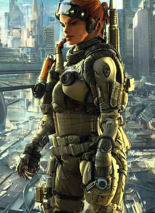 Image similar to Dinah. USN special forces futuristic recon operator, cyberpunk military hazmat exo-suit, on patrol in the Australian autonomous zone, deserted city skyline. 2087. Concept art by James Gurney and Alphonso Mucha. (Metal Gear Solid 6, rb6s)