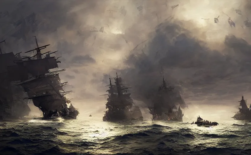 Image similar to Epic naval battle, elegant, volumetric lighting, digital painting, highly detailed, artstation, sharp focus, illustration, concept art, ruan jia, steve mccurry