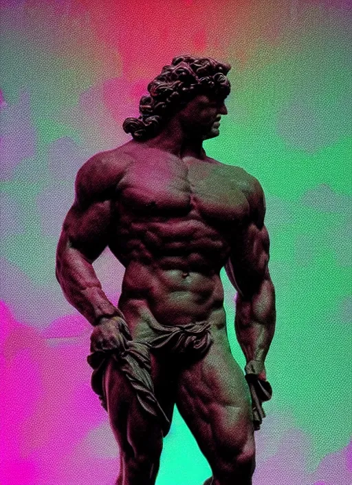 Image similar to statue of hercules, beeple, vaporwave, retrowave, tonal separation, black background, neon, glitch, strong contrast, pinterest, trending on artstation