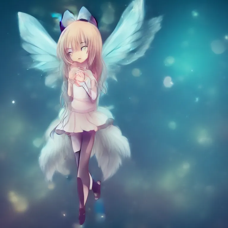 Image similar to cute, full body, female, anime style, a cat girl with fairy wings, large eyes, beautiful lighting, sharp focus, simple background, creative, heart effects, filters applied, illustration