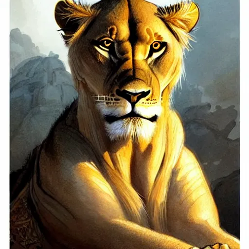 Prompt: highly detailed portrait of a majestic lioness queen depicted as a beautiful woman. d & d, art by anton pieck and greg rutkowski and magali villeneuve. trending on artstation, intricate details, energetic composition, golden ratio, concept art, illustration, elegant art