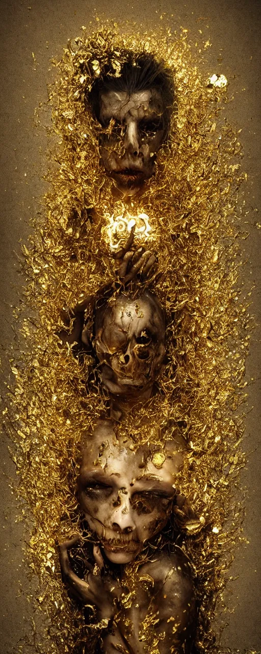 Prompt: portrait photo of a surreal god of death in the middle of a ancient wood, gold raining in the background, ultra super good realistic 3D render by Pete Morbacher and Emil Melmoth, insanely detailed, trending on artstation, sharp focus