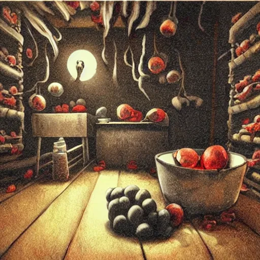 Image similar to a dimly lit creepy ominous room with a single bowl of mysterious alien fruits in the middle of the floor, moody, horror, abstract art, dark surrealism