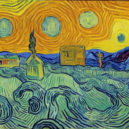 Image similar to a painting of a martian colony by vincent van gogh, featured on pixiv, futurism, sci - fi, post - impressionism, impressionism, painterly, detailed painting