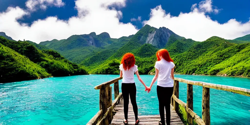 Image similar to photo realism, beautiful nature, sunny day, sunshine lighting high mountains, which are higher than white fluffy clouds with green trees on top, a small wooden bridge connecting two mountains, a loving couple a redhead girl in a blue dress and dark hair man in white t-shirt and black shorts holding hands and kissing, ocean beneath the mountains with clear blue water, whales showing from the waves, cinematic, 8k, highly detailed