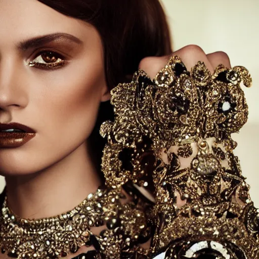 Image similar to close up of face of fashion model with luxury dress, official dolce and gabbana editorial, highly detailed