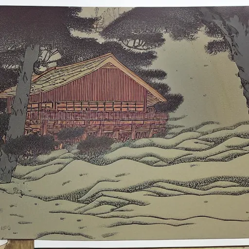 Image similar to a painting of a eerie cabin in the middle of the woods in the style of hokusai