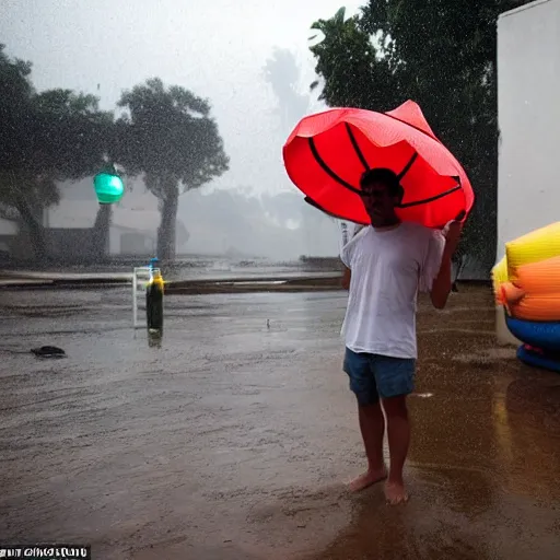 Prompt: man standing next to his inflatable quecha, drinking a canned beer, it is raining and he has no shelter so he gets soaked