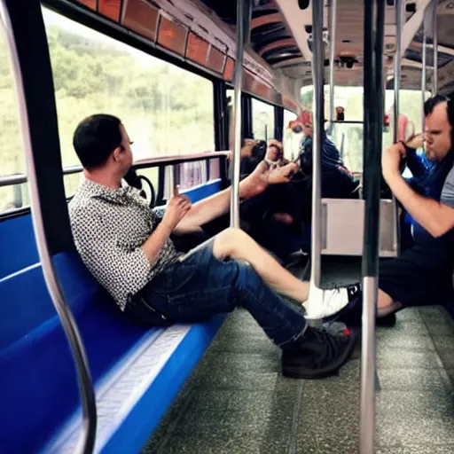 Prompt: two jerks yelling at each other on the bus bothering everyone else, realistic sad truth.