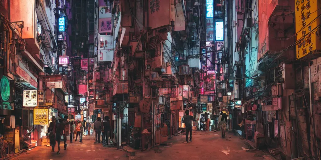 Prompt: a cyberpunk hong kong alley with robots and humans walking around by seerlight