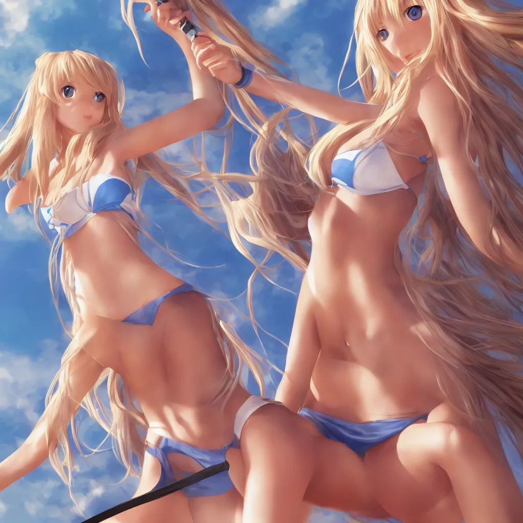 Image similar to a very beautiful young tennis player yuuki asuna, full body, long wavy blond hair, sky blue eyes, full round face,, bikini, miniskirt, front view, mid - shot, highly detailed, cinematic wallpaper by stanley artgerm lau