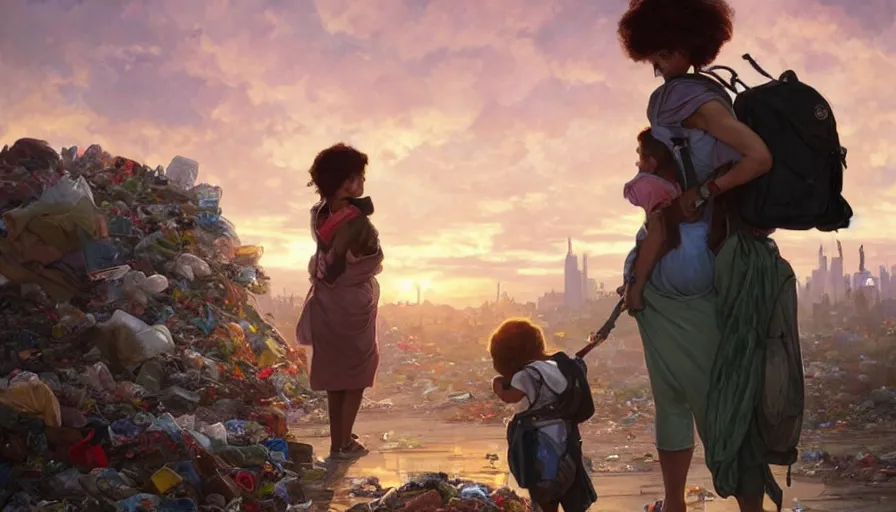 Image similar to poor detailed mom with child with backpack looking for food at garbage dump, city is pure wasteland, sunset in background, detailed characters, alphonse mucha, greg rutkowski, trending on artstation, artgerm, breathtaking, sharp focus, smooth, mark arian, award winning, highly detailed 4 k art